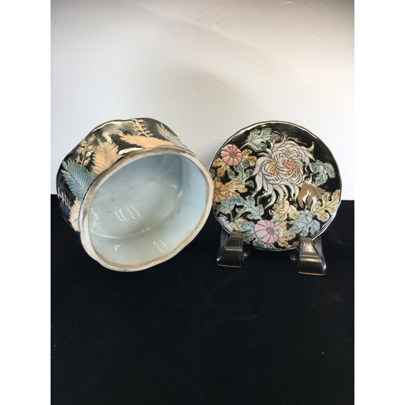 Vintage Japanese Ceramic Trinket Box with Lid Round Floral Design Decorative - Picture 11 of 12